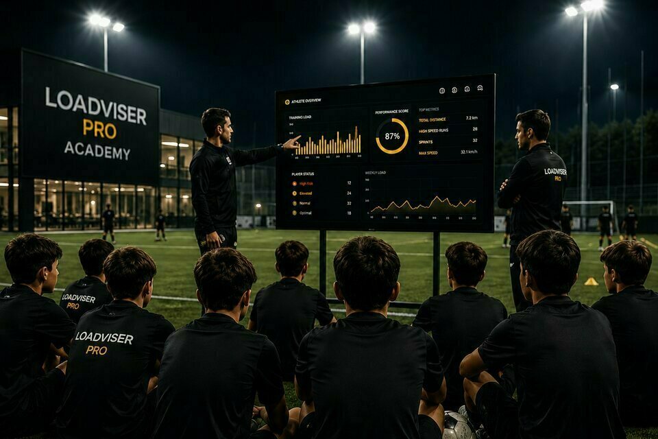 Young players and a coach around a screen on an academy pitch.