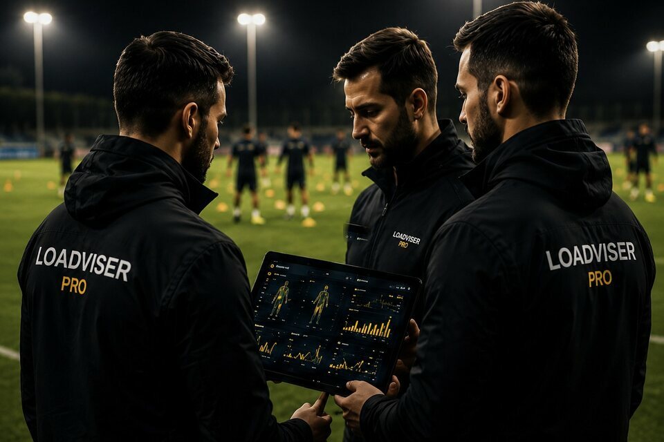 Three coaches at the touchline, talking over a tablet.