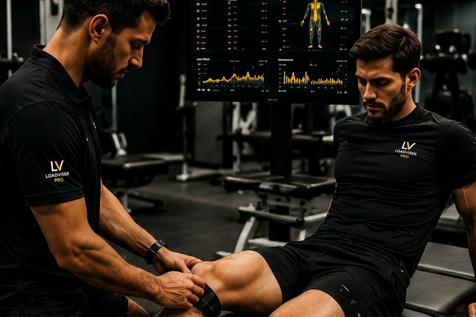 A physiotherapist strapping an athlete's knee in a gym.
